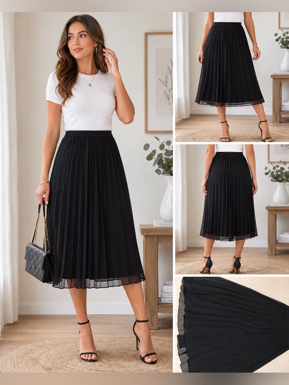 Vince Camuto Black Pleated Chiffon Midi Skirt